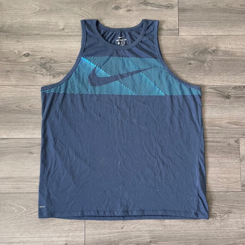 Nike Dri-FIT Mens XXL Navy Blue Graphic Swoosh Tank Top Athletic Cut